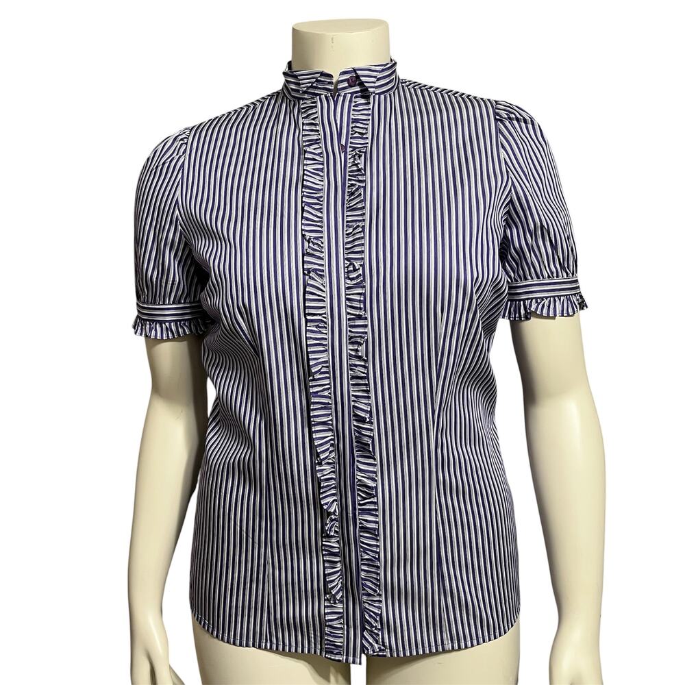 🌟Thomas Pink Womens Purple 100% Cotton Striped Shirt Ruffle Short Sleeve  Sz-10